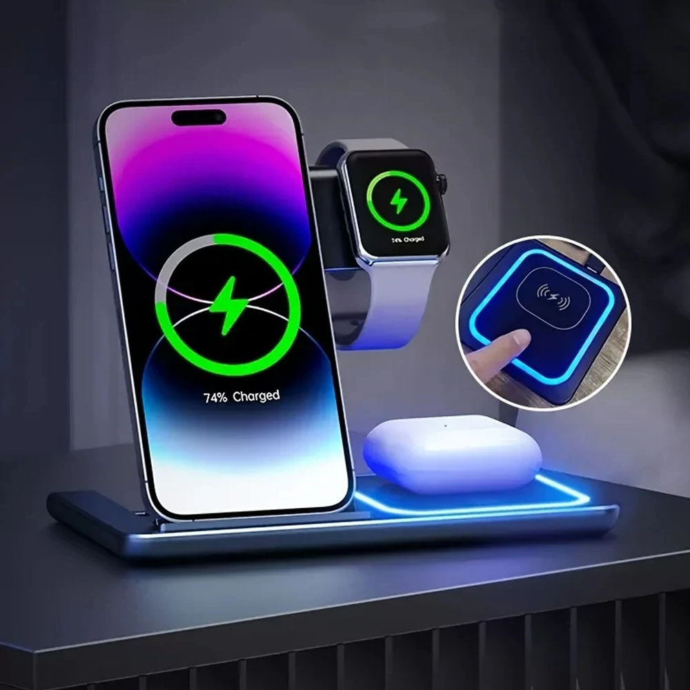 3-Em-1 LED Carregador Rápido Sem Fio Suporte Estação De Carregamento Dobrável Para iPhone Apple Watch E Conveniente