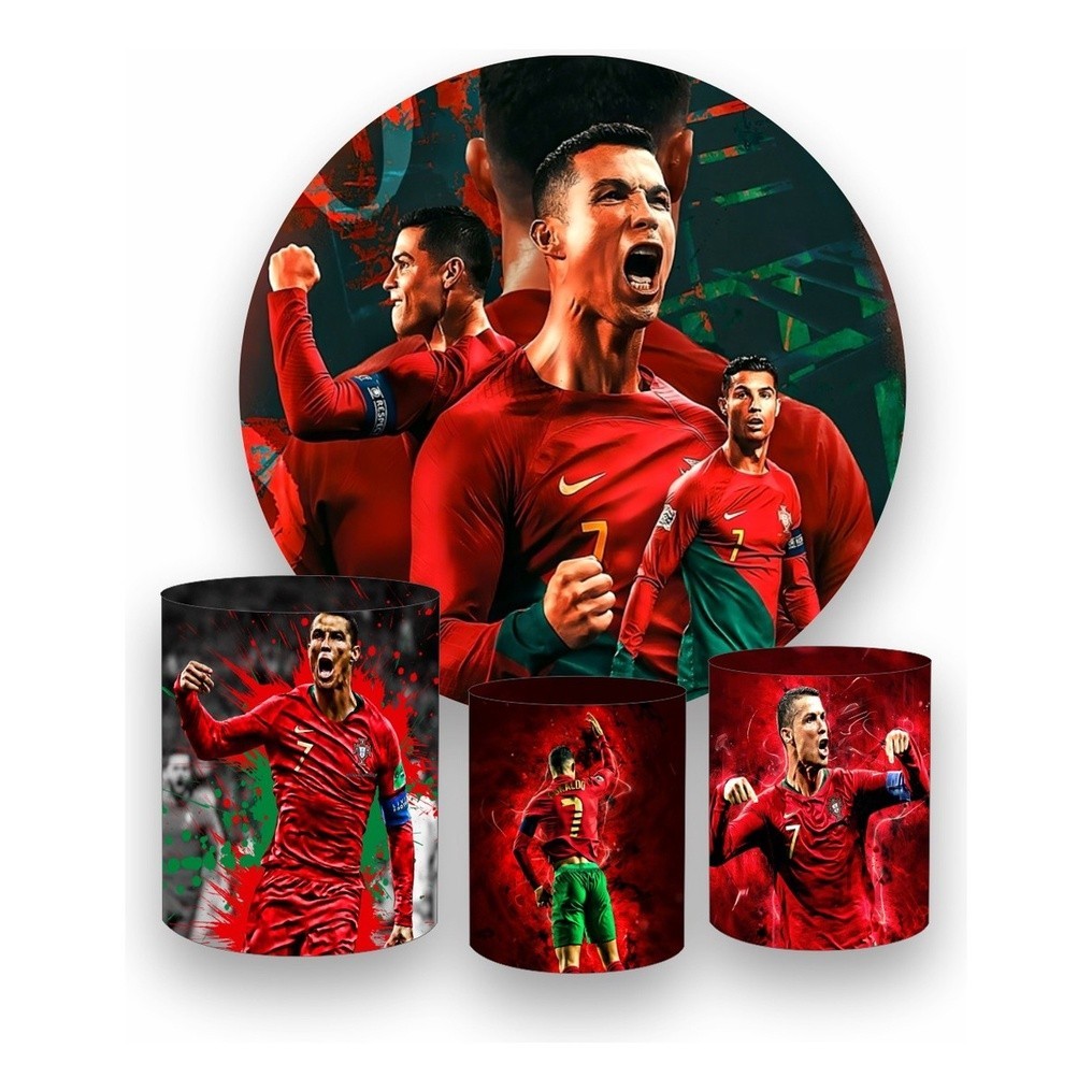 Kit Painel Redondo 1,5 + 3 Capas de Cilindros Tecido sublimado Cristiano Ronaldo Portugal Vermelho e Verde + Saquinho