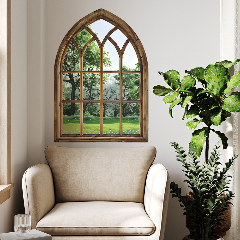 Ecologicamente correto arqueado janela falsa planta verde adesivos de parede quarto sala estar decoração casa adesivos d