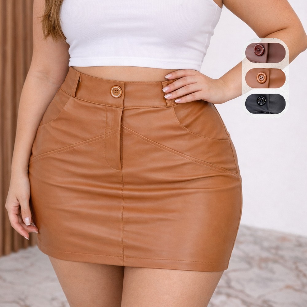 Saia Feminina Couro Sintético Cintura Alta Curta com Botão Moda Outono Inverno