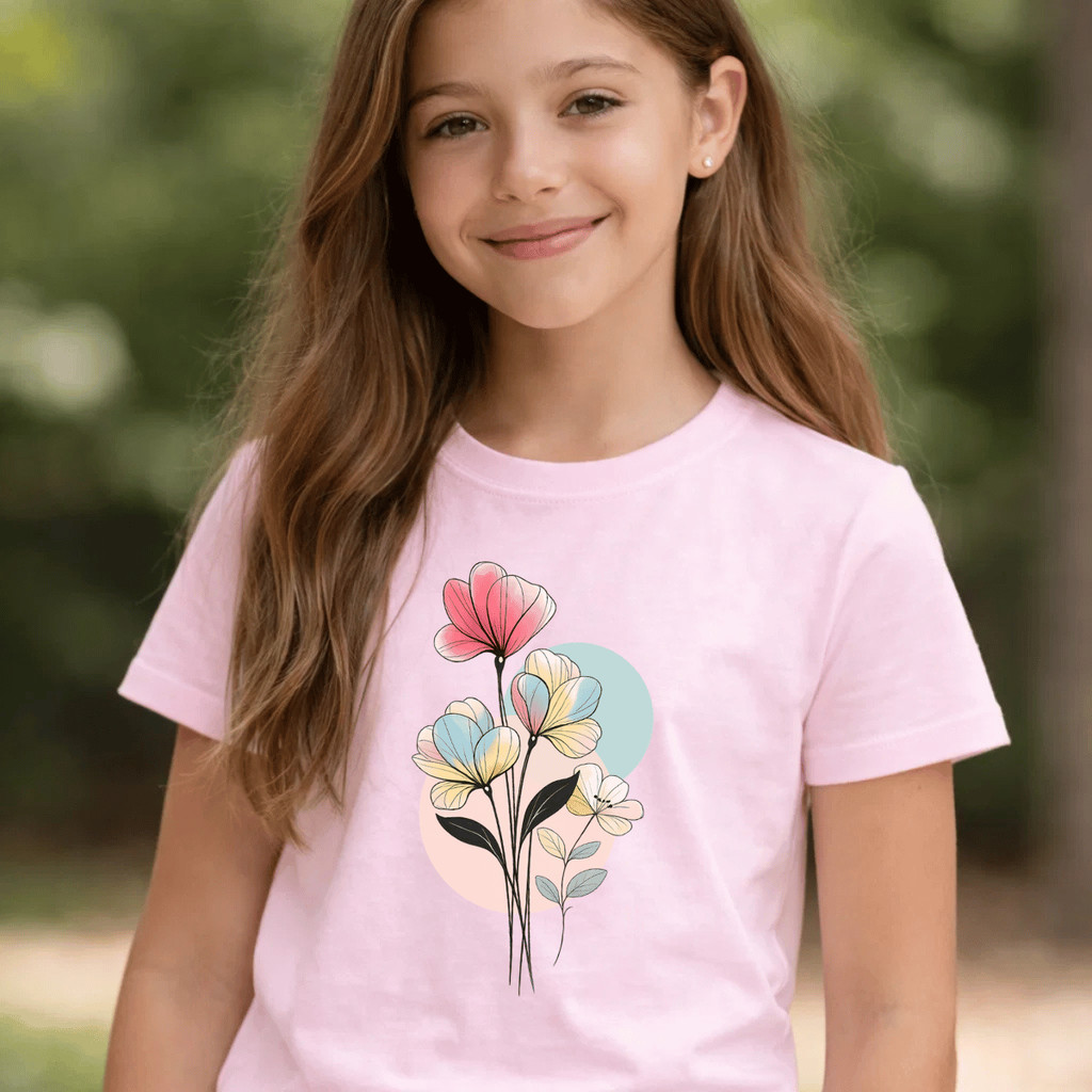 Camiseta Infantil Estampada Flores Aquarela Criança 100% Básica Manga Curta Unissex Masculina e Feminino Básica