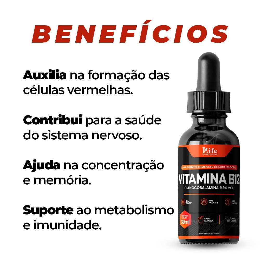Vitamina B12 Life In | Mais Disposição e Foco Diário em Gotas – 30ml por Frasco - Sabor Laranja.