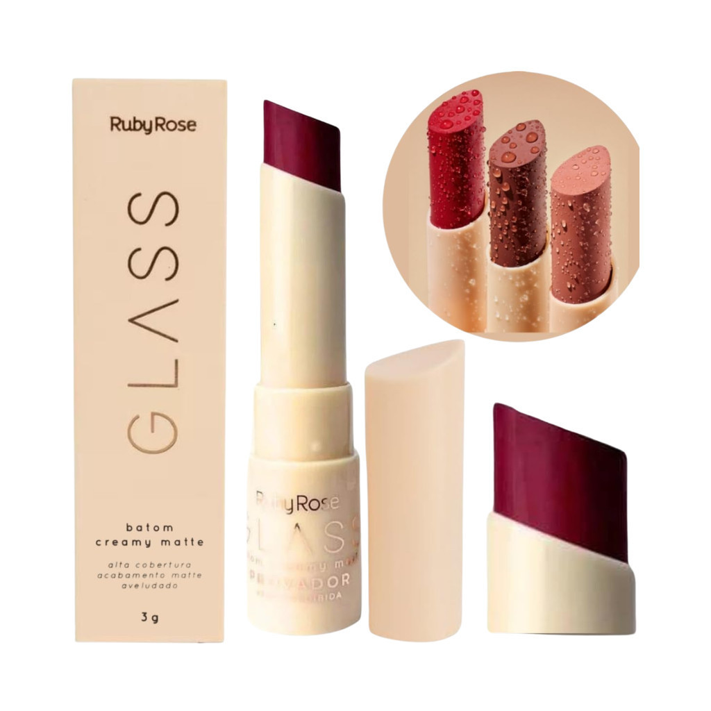 Batom Bala Glass Creamy Matte Ruby Rose Alta Pigmentação - GL1, GL2, GL3, GL4, GL5, GL6, GL7 e GL8