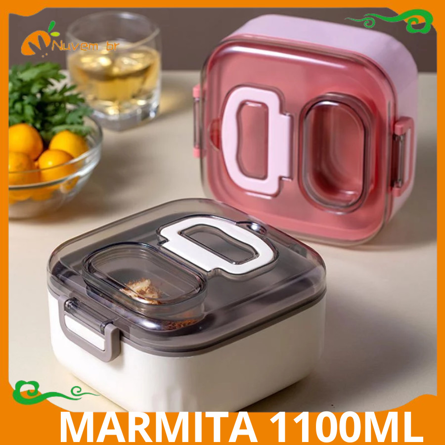Pote Marmita Lancheira 1100 ml Com Divisória e Garfo Adequada Para Aquecimento Por Micro-ondas com alça e trava - NUVEM