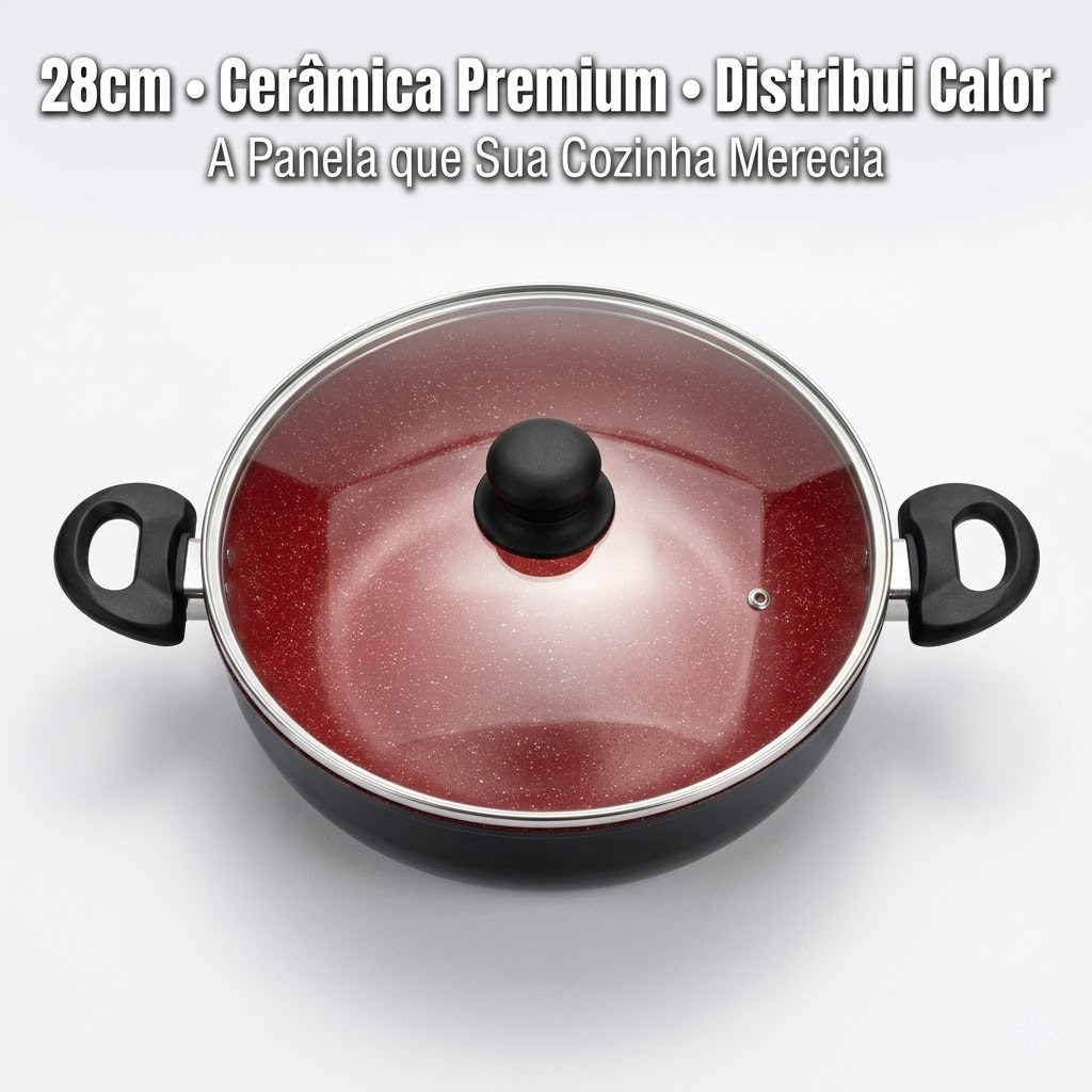 Panela Antiaderente Caçarola Wok Preta Alumínio Com Tampa Vidro 28 Centímetros 3,8 Litros Cozinha