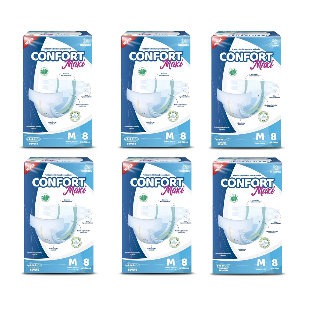 Kit 6 Pacotes Fraldas Geriátricas Confort Maxi M – Alta Absorção Incontinência (total 48 fraldas)
