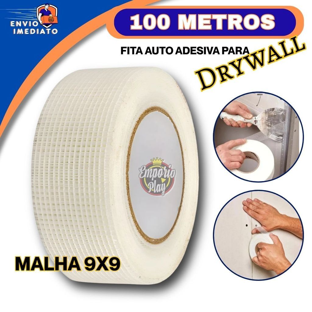Fita Drywall Adesiva Fibra de Vidro Telada 100m Branca Reposicionável Anti-Trinca