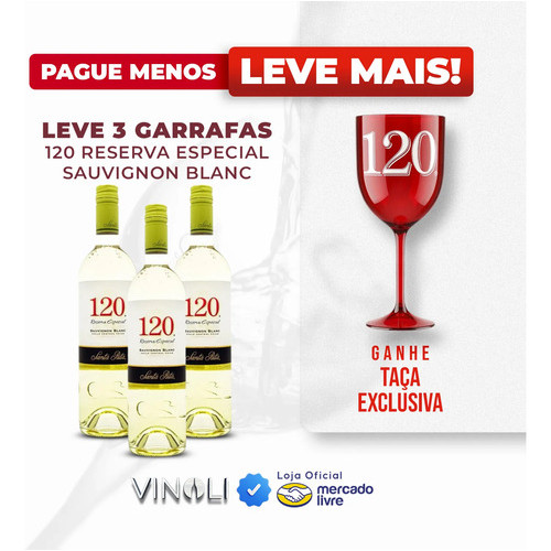 Kit + Brinde Vinho Chileno Santa Rita 120 Reserva Sauvignon Branco 3 x 750ml