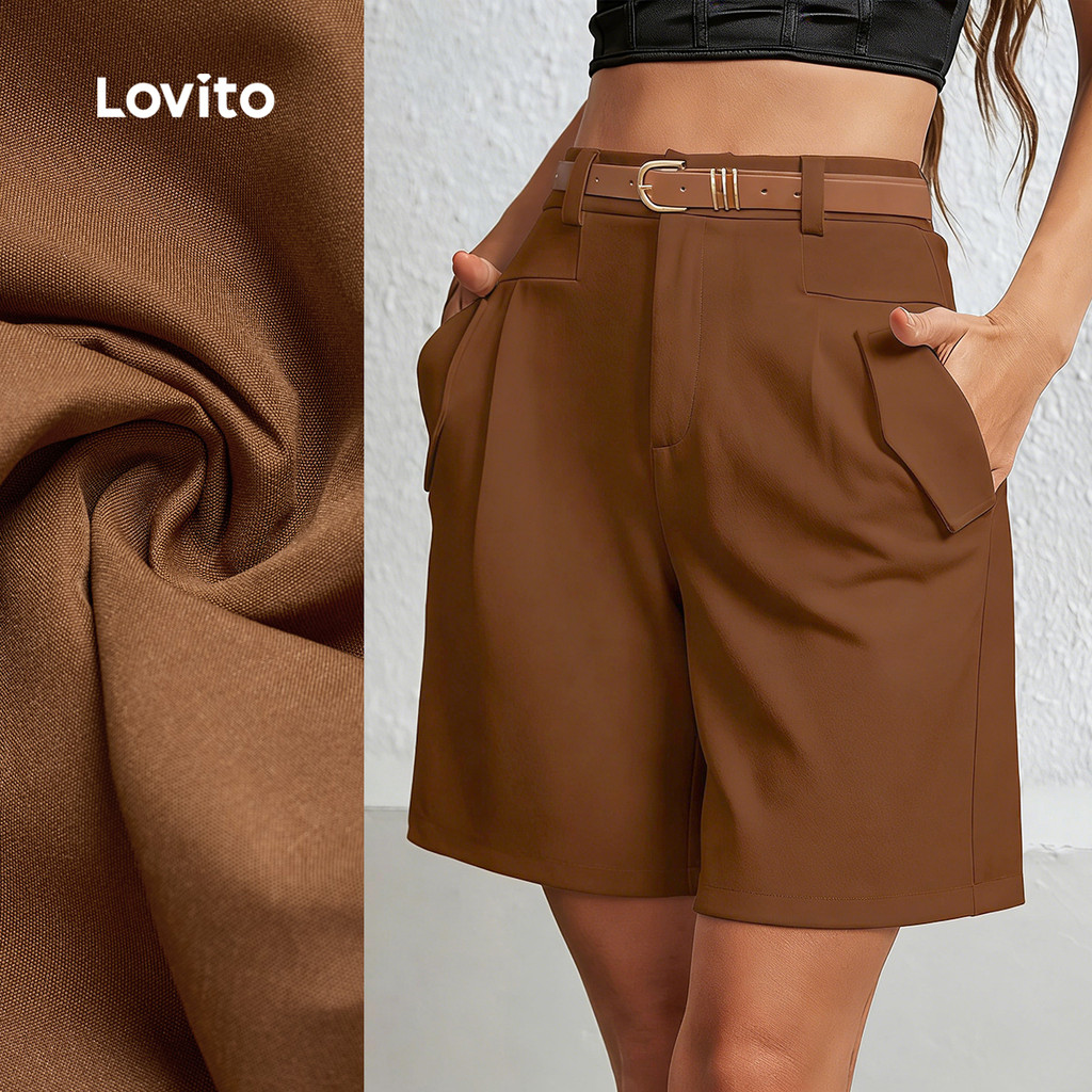 Lovito  Shorts Casuais com Bolso e Botão Primavera/verão Shorts Cáqui para Mulheres LBL33077 em Oferta na Shopee