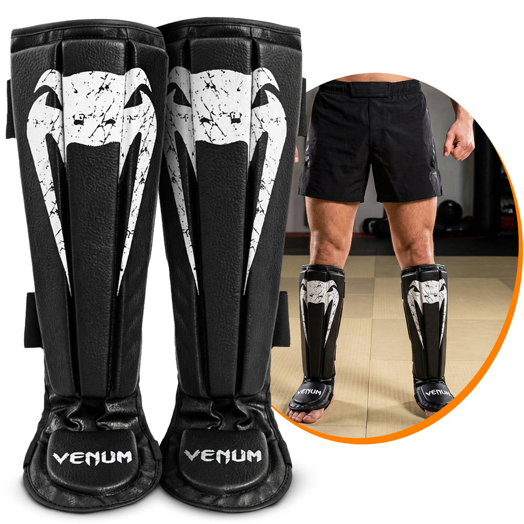 Caneleira Anatômica Par Preta Muay Thai Boxe MMA Kickboxing Jiu Jitsu Proteção Treino Luta Venum