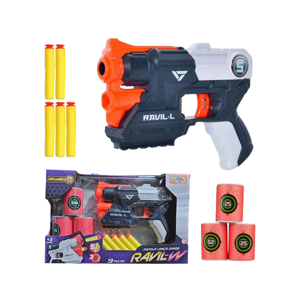 Kit Lançador de Dardos Super Pressão 2 Pistolas Dardos Ventosa e 3 Alvos