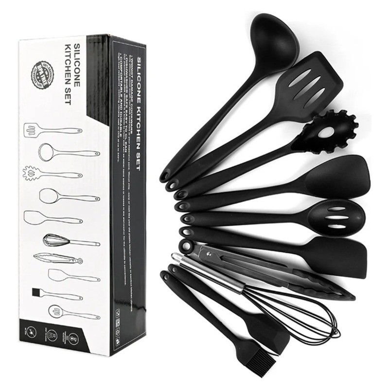 Kit 10 Peças Colheres Silicone Cabo Inox Utensílios Cozinha Resistente e Prático