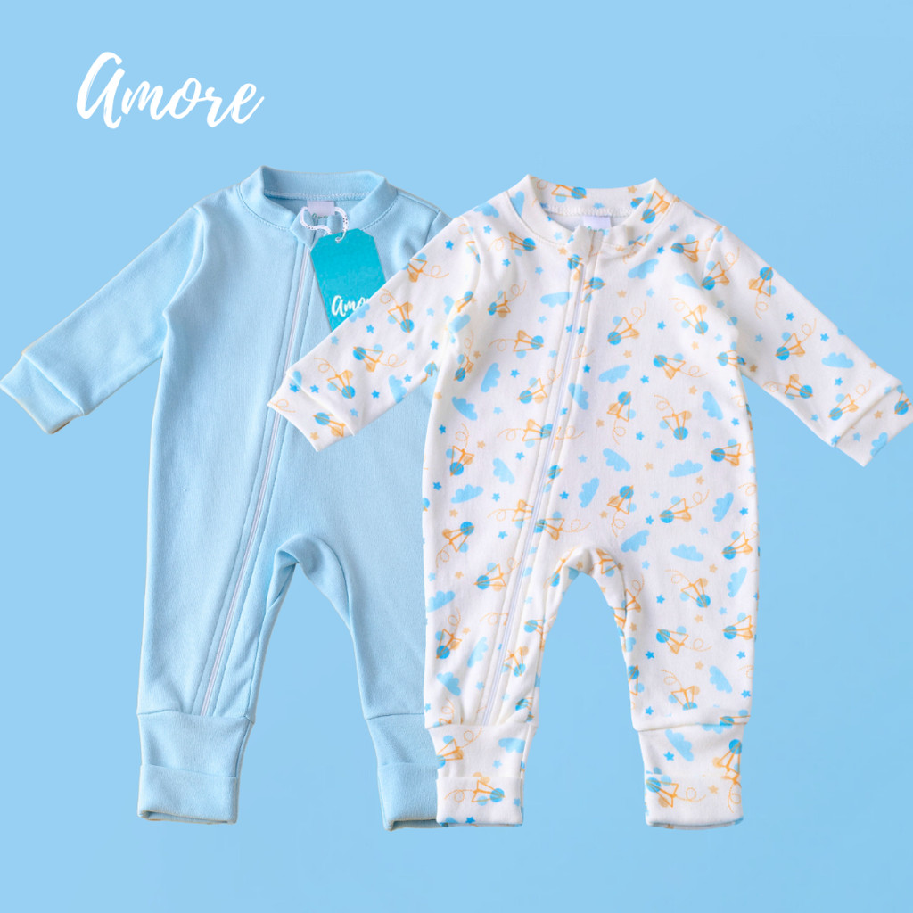 Kit 2 Macacão Longo para Bebê Amore Aviãozinho e Azul Claro Menino 100% Algodão