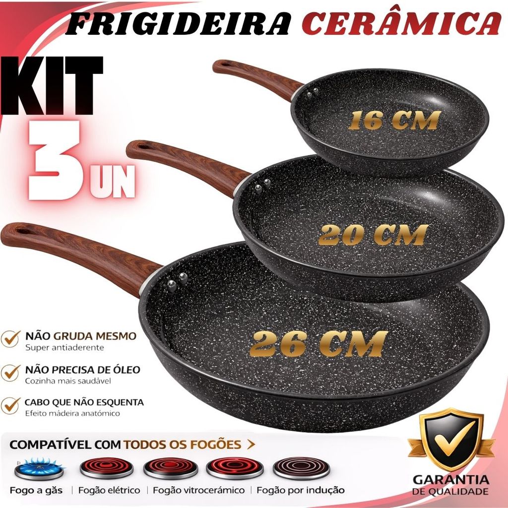 Frigideiras Indução Revestimento Cerâmico Granito Cabo Madeira Cozinha não Gruda fogão eletrico e indução