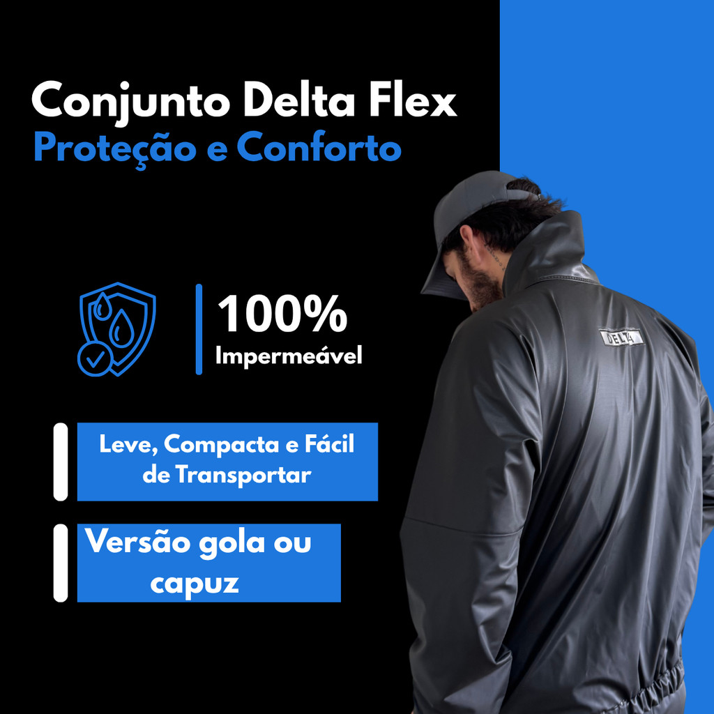 Capa De Chuva Moto PVC Impermeavel Delta Flex Unissex Motoqueiro Motoboy Com Gola Ou Capuz Preto Resistente Impermeável — imagem 2 de 2