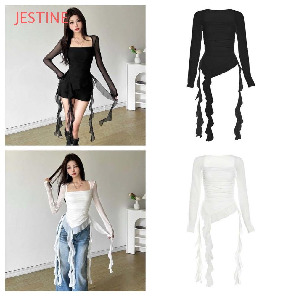JESTINE Slim Fit Crop Tops , Elf Manga Longa Gola Plissada Medusa Malha Cinto Camiseta , Transparente