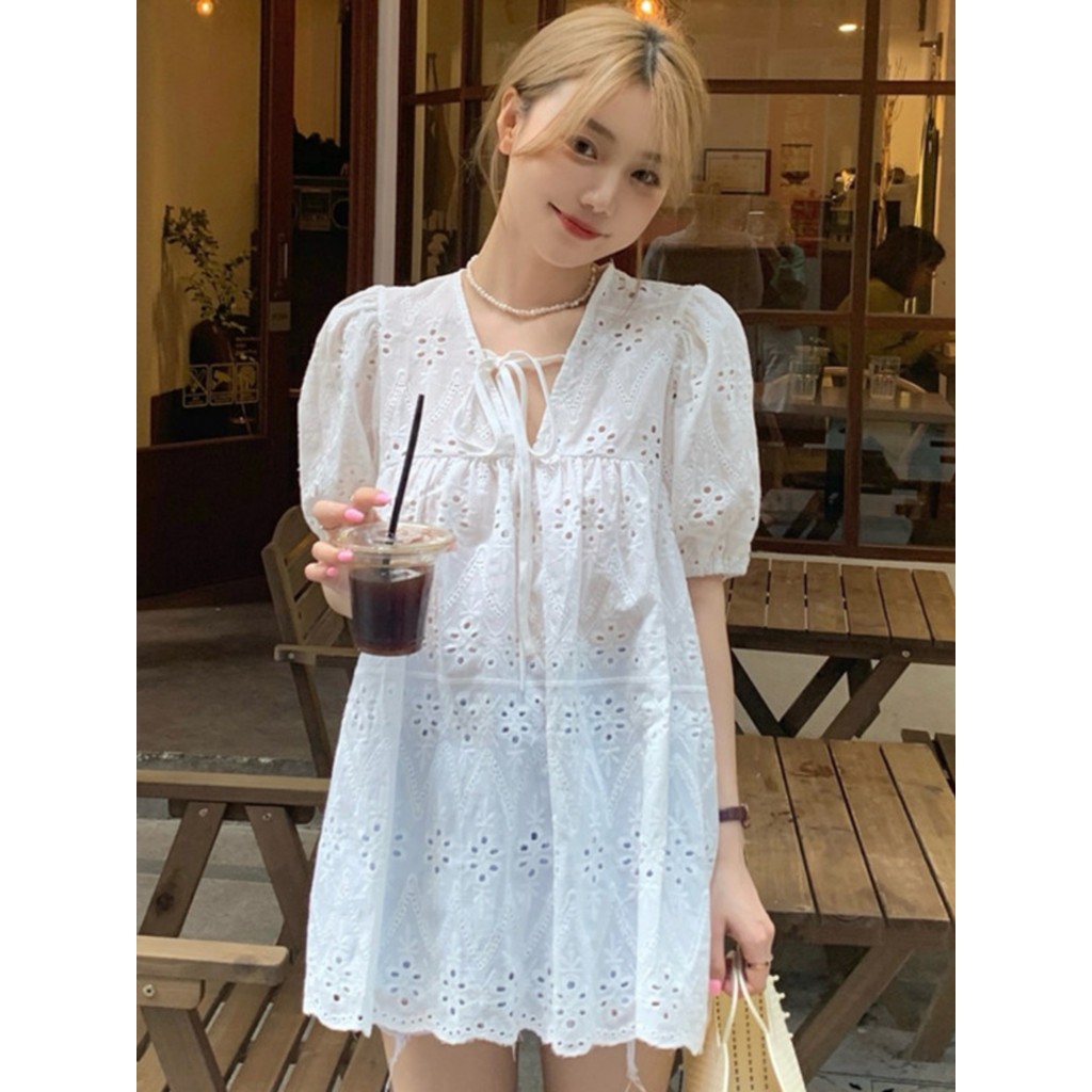 Design francês oco renda verão camisa do bebê solta camisa de manga curta 2024 manga Puff branco topo feminino