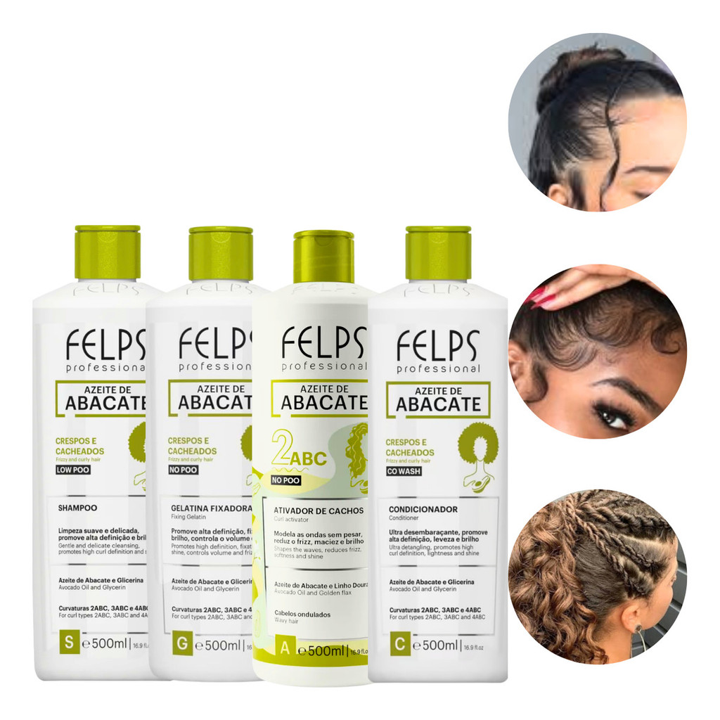 Kit Cachos Shampoo+Condicionador+Ativador de Cachos+Gelatina Fixadora Alta Definição Felps 4x500ml