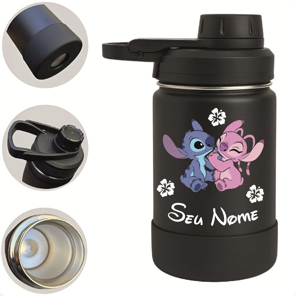 Garrafa Inox Térmica Infantil do Stitch Angel Persinalizada Com Nome 350ml Mágica