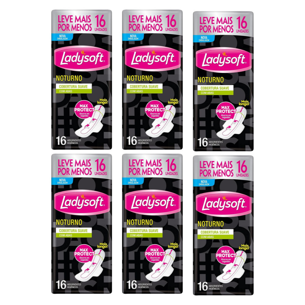 6 Unidades Absorvente Ladysoft Noturno Suave c/ Abas 16un 🌙 Ideal para uso noturno