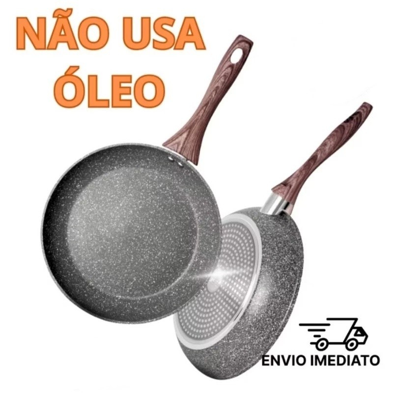 Imagem Frigideira Antiaderente de Alumínio Revestimento Cerâmico Premium Funda Cabo Madeira Não Gruda 24/28cm