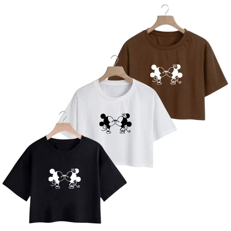 Kit 3 Cropped Feminino Algodão Estampado Mickey e Minnie Casal Camiseta Verão Manguinha Curta