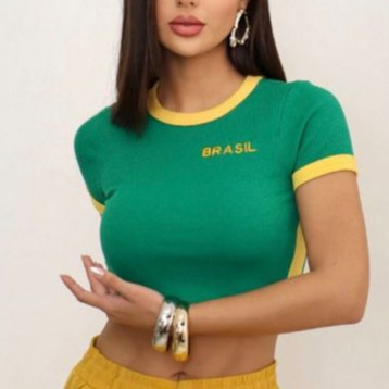 Cropped Feminino Bicolor Brasil Copa do Mundo Manga Curta Malha Canelada Tendência Blogueira