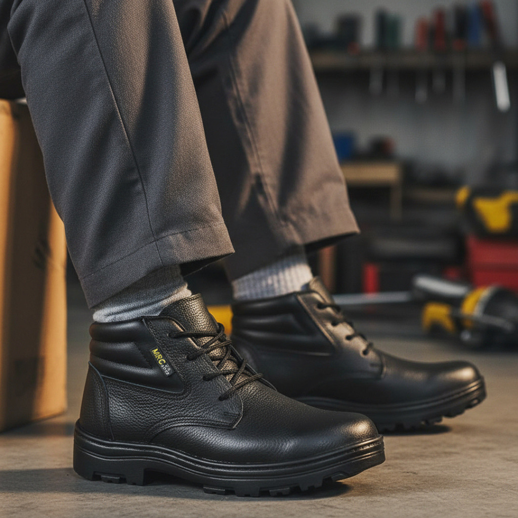 Coturno de Segurança De Amarrar Bico De PVC Couro Legítimo Antiderrapante Macio