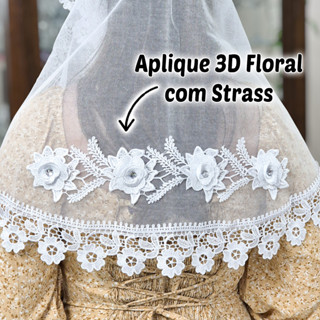 Véu Ccb Aplique Floral 3D Com Strass Renda Guipir Média Adulto (modelo Dolores) em Oferta na Shopee