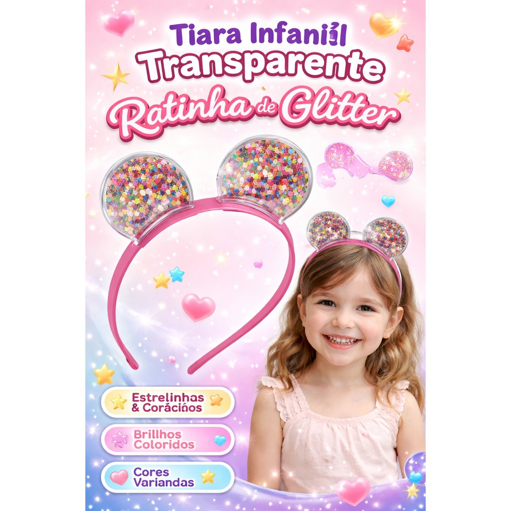 Tiara Infantil Transparente Ratinha com Glitter Estrelinhas e Corações Cores Variadas