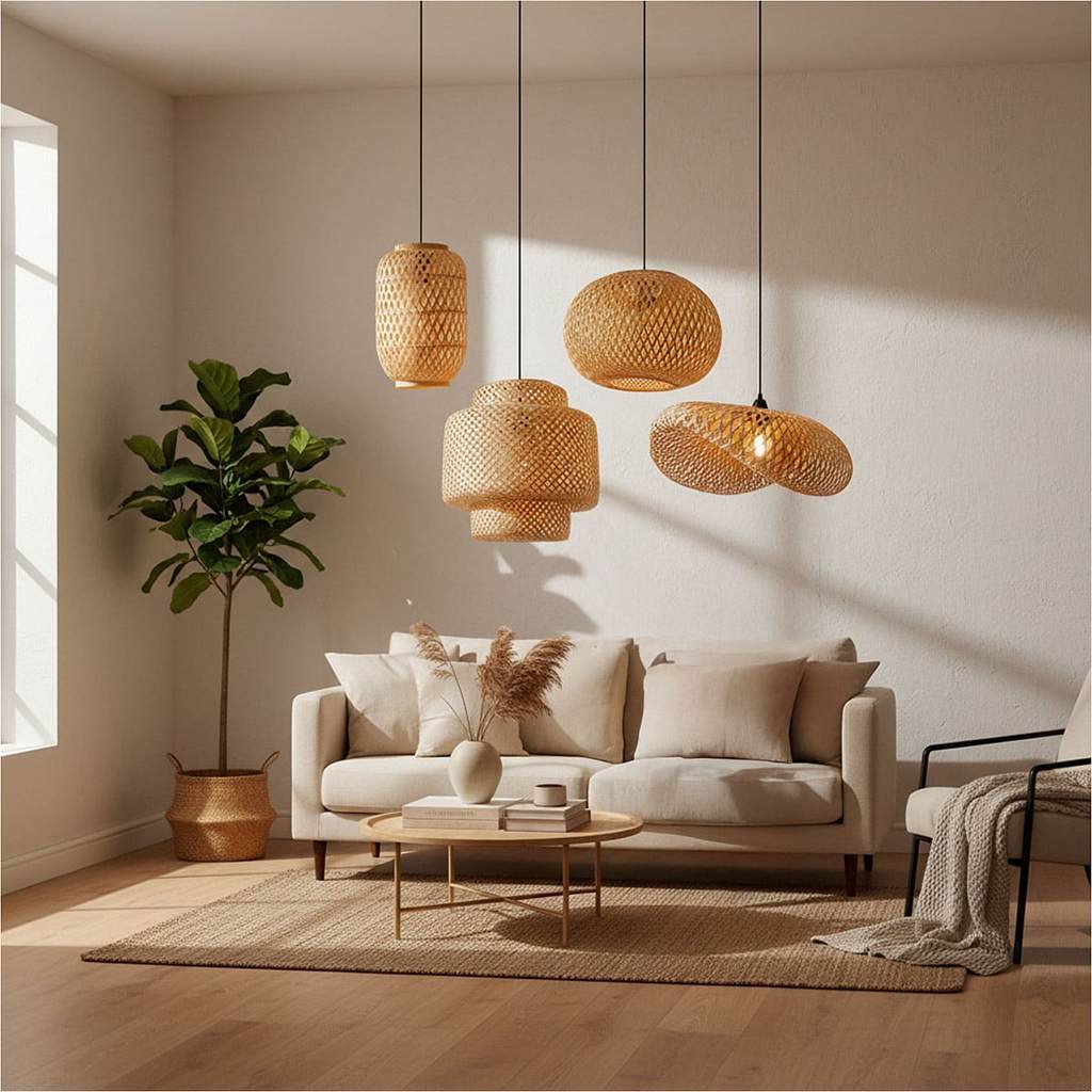 Kit Luminária de Teto Lustre Pendente Bambu Yuna 1x Boreal 1x Nísio 1x Cayman 40 1x Honolulu 60