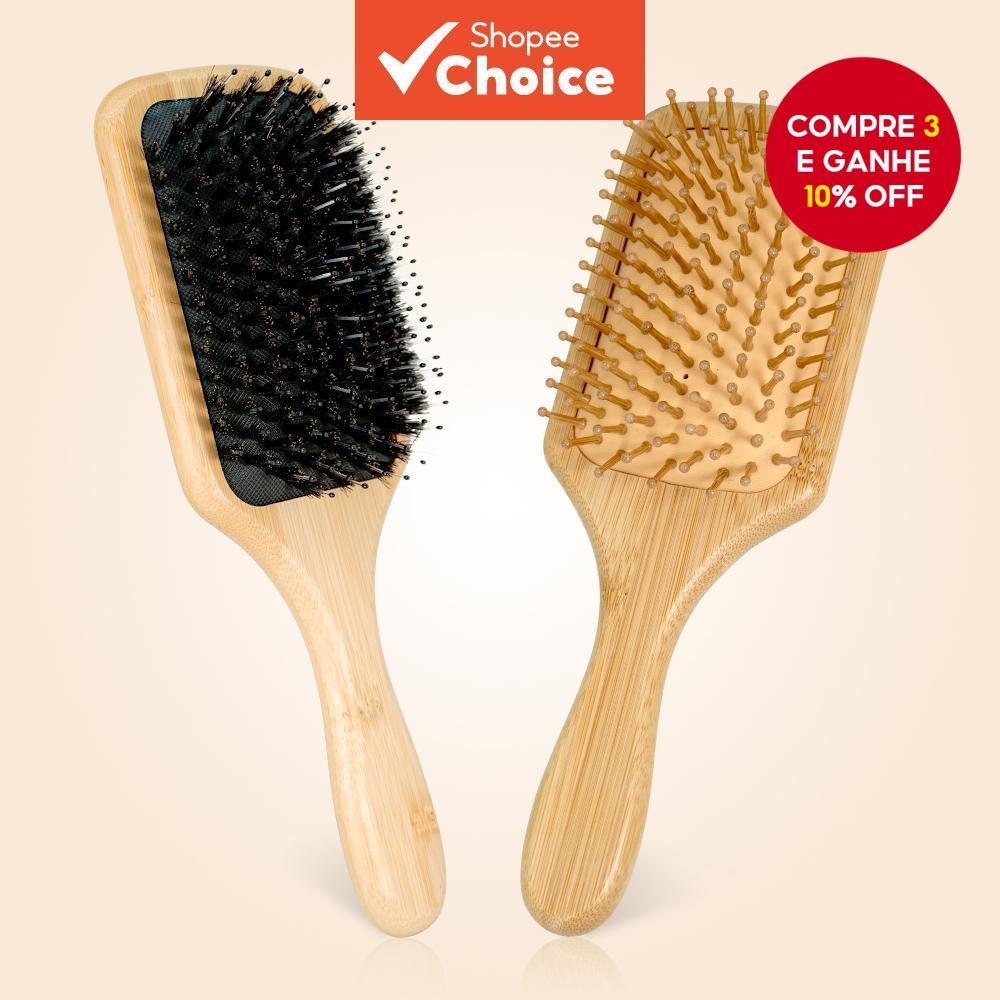 Conjunto de Escova de Cabelo de Bambu – Massageador de Couro Cabeludo e Ferramenta Desembaraçadora para Crescimento de