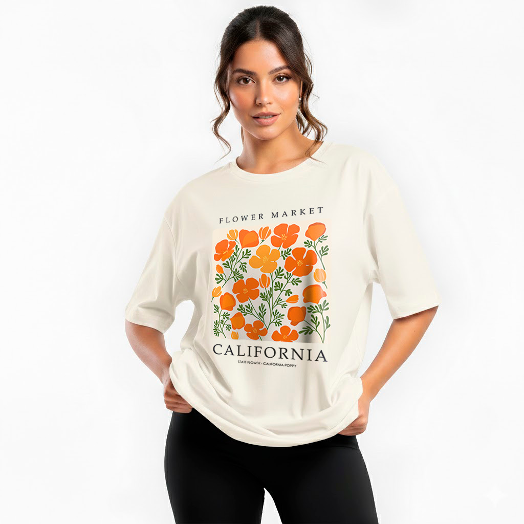 Camiseta Básica Oversized Feminina Flores California Laranja Streetwear Harajuku Aesthetic Camisa