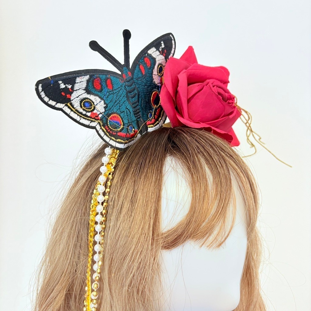 Presilha Tiara com Borboleta e Rosa Vermelha para Festa Fantasia