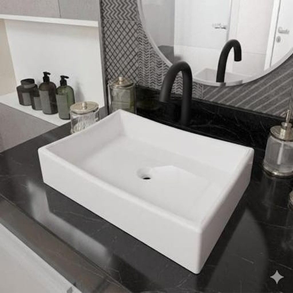 *PROMOÇÃO* Cuba Pia para Banheiro Lavabo Sobrepor 44cm Retangular Dalla Marmore Sintético Branco Luxo