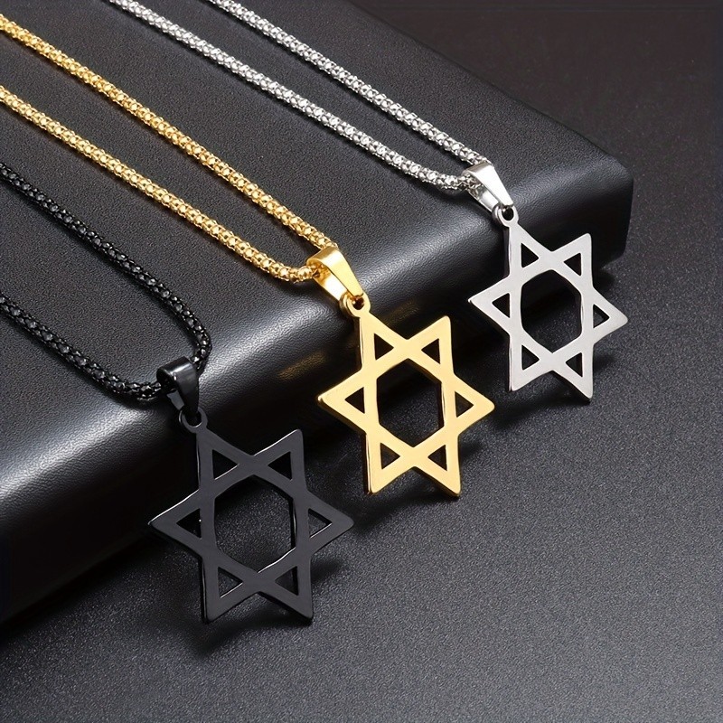 Colar de Aço Inoxidável 201 Estrela de Davi para Homens e Mulheres - Símbolo Judaico de Fé, Pingente de Estrela Hexagona