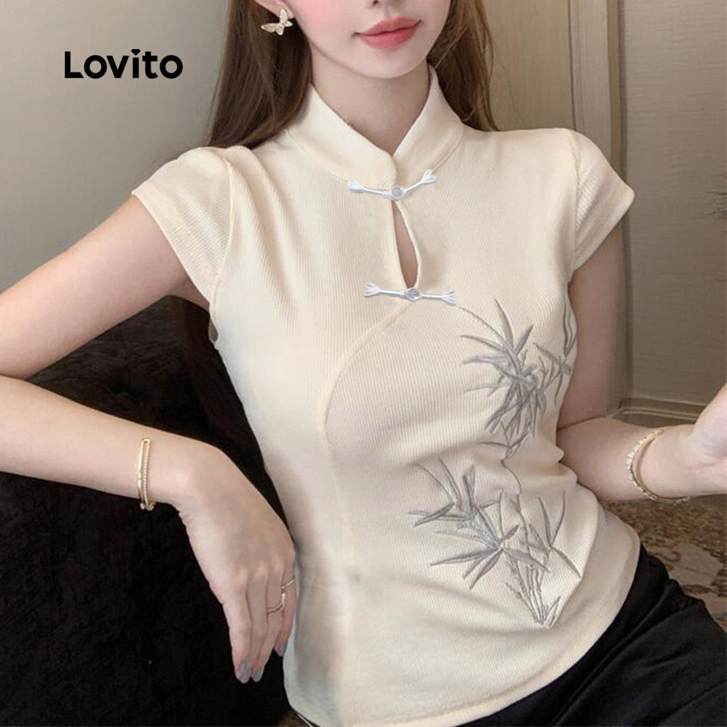 Lovito Camiseta Elegante Nova Estilo Chinês Casual Primavera/verão Branca Off para Mulheres LK2AD1011 em Oferta na Shopee
