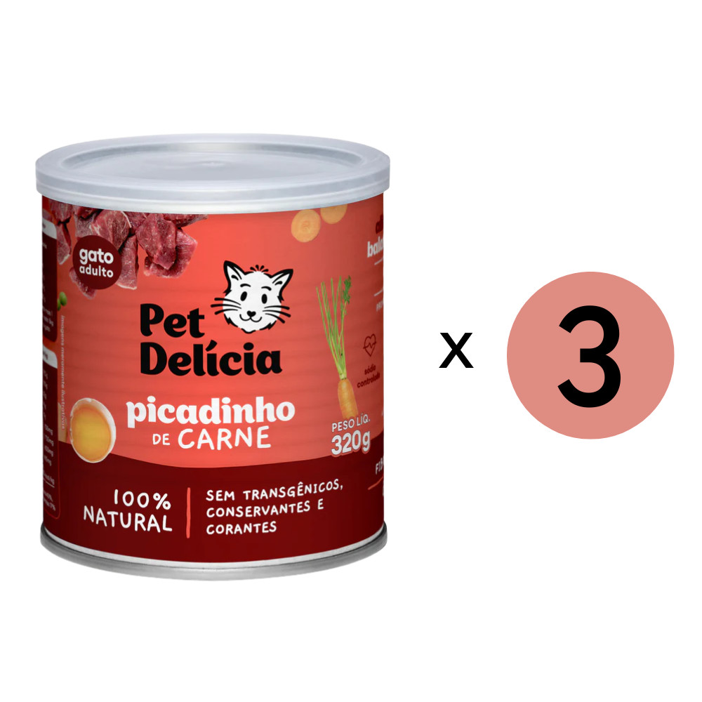 Kit 3 Ração Úmida Pet Delícia Gatos Picadinho De Carne - 320G