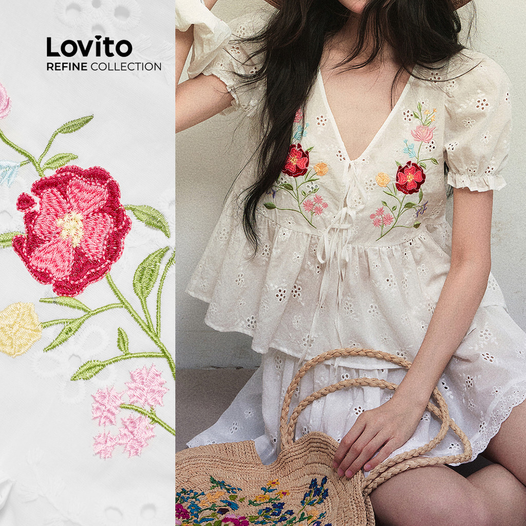 (Lovito Refine) Conjuntos Casuais De Algodão Para Primavera/verão Com Blusas E Calças Femininas LR18E091 em Oferta na Shopee