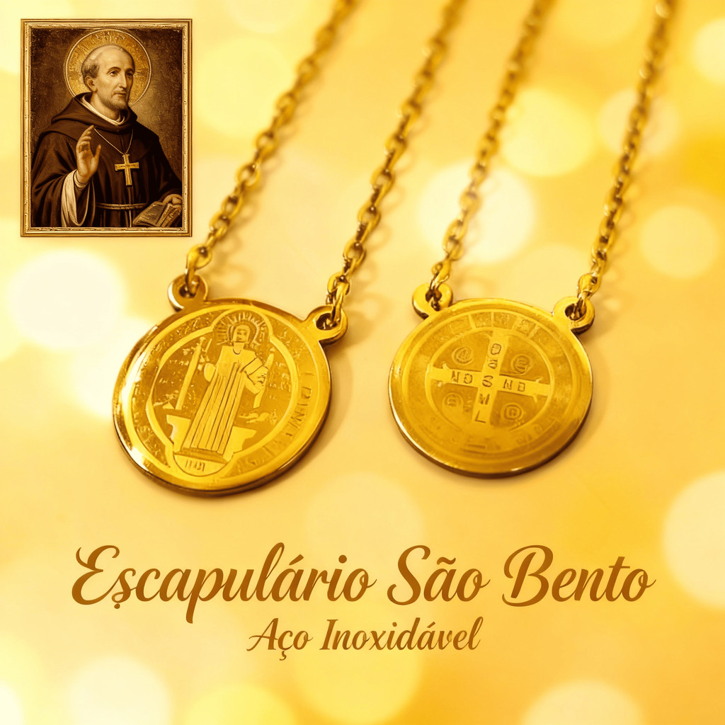 Escapulário Aço Inox Dourado São Bento Redondo Unissex Masculino Feminino Colar Cordão