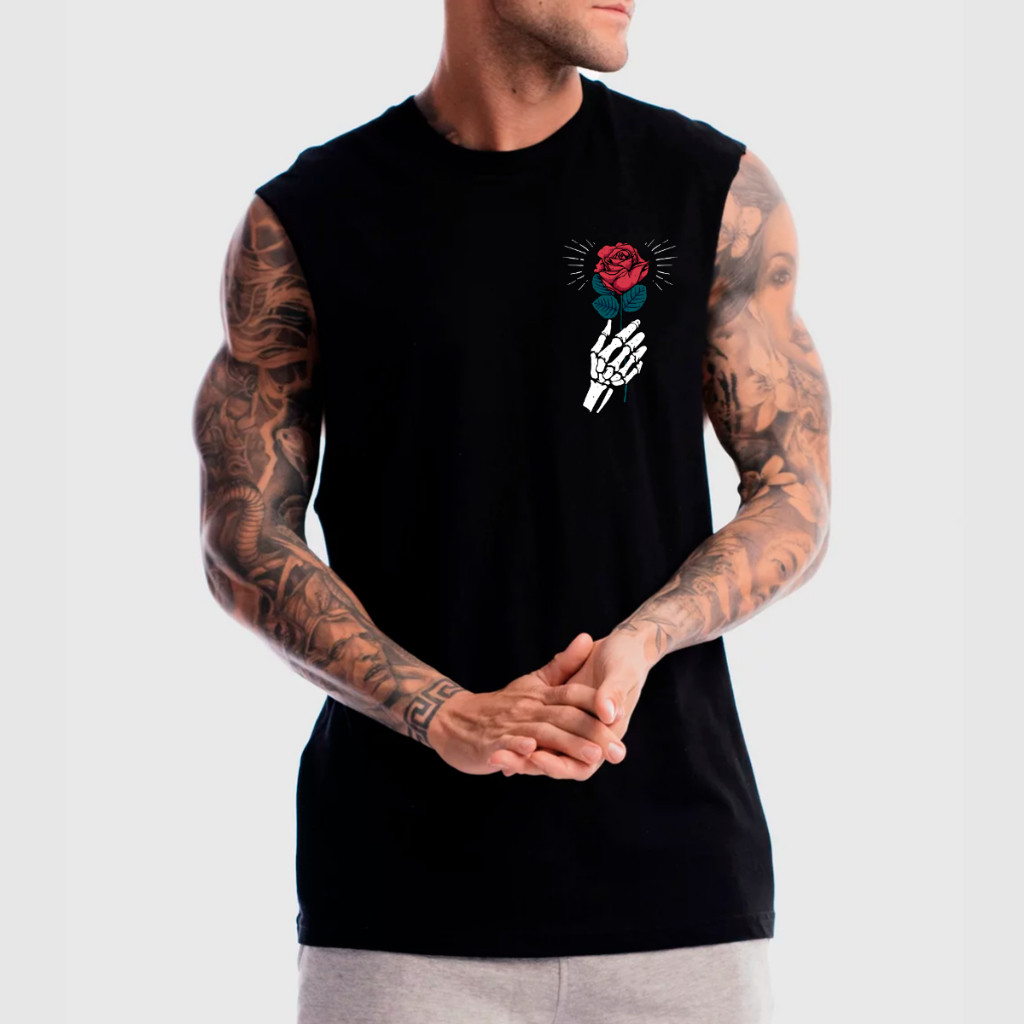 Regata Machão Masculina 100% Algodão Streetwear Rosa Mão Caveira Academia Fitness Estilosa Confortavel  Envio Rápido