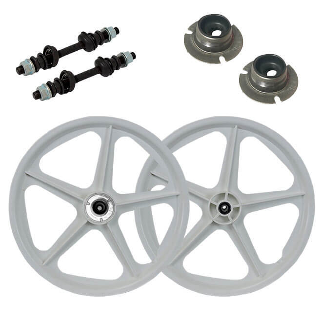 PAR DE RODA ESTRELA EXTRA NYLON BRANCA ARO 20 P/ BICICLETA TRASEIRA COM EIXO + 2 FLANGES E DIANTEIRA COM EIXO COMPLETO
