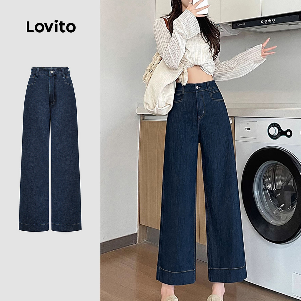 Lovito Calça Jeans Casual Com Bolso Bordado E Laço, Perna Larga E Solta, Azul Escuro, Para Mulheres L135AD1218 em Oferta na Shopee