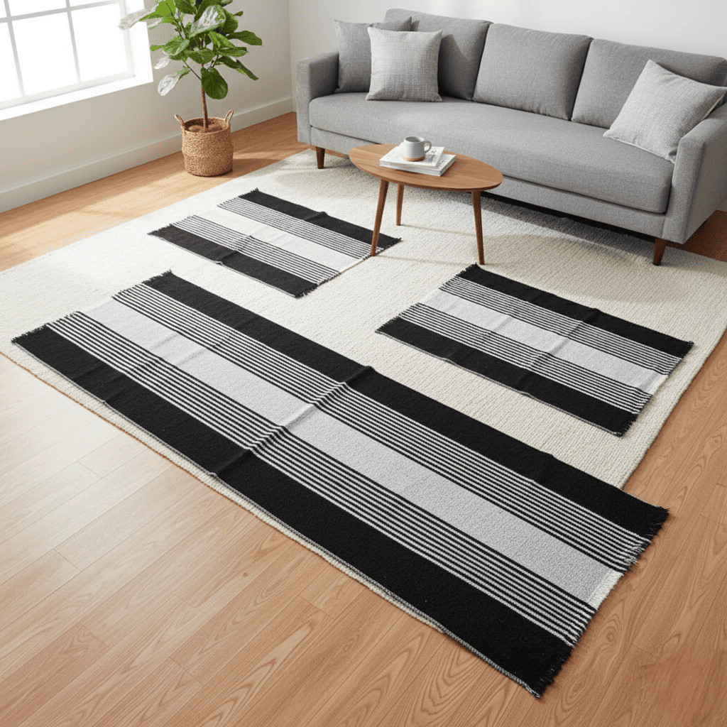 Jogo De Tapete 3 Peças Passadeira Para Cozinha Sala Banheiro Decoração Liso Listrado De Algodão em Oferta na Shopee