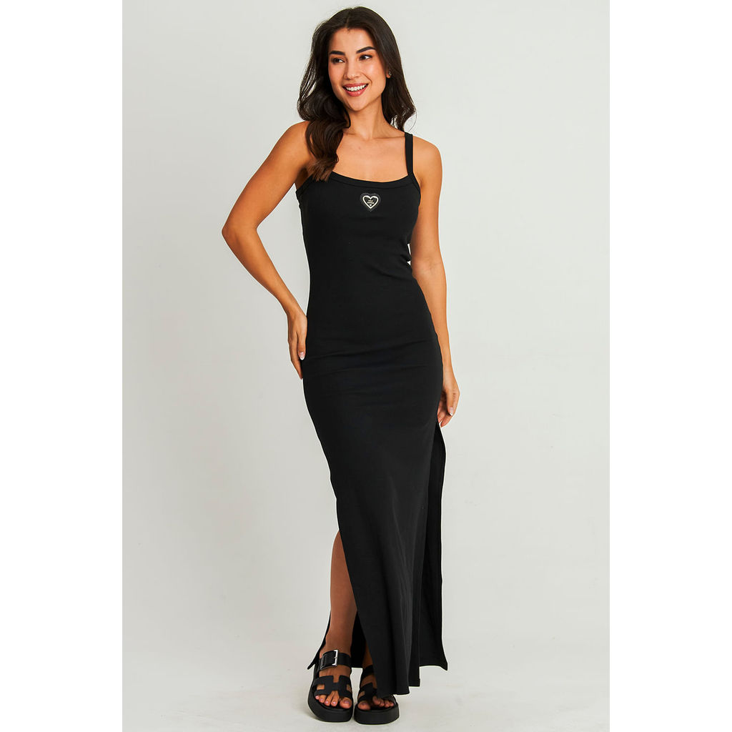 Vestido Longo Canelado Fenda Polo Wear Preto