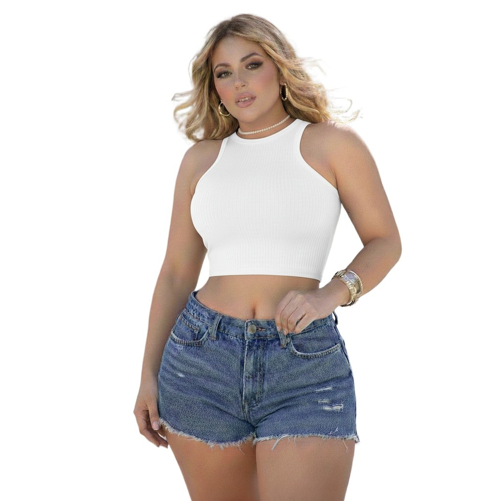 Blusinha Cropped Com Bojo Canelado Regata Lisa Elegante Estilosa Da Moda