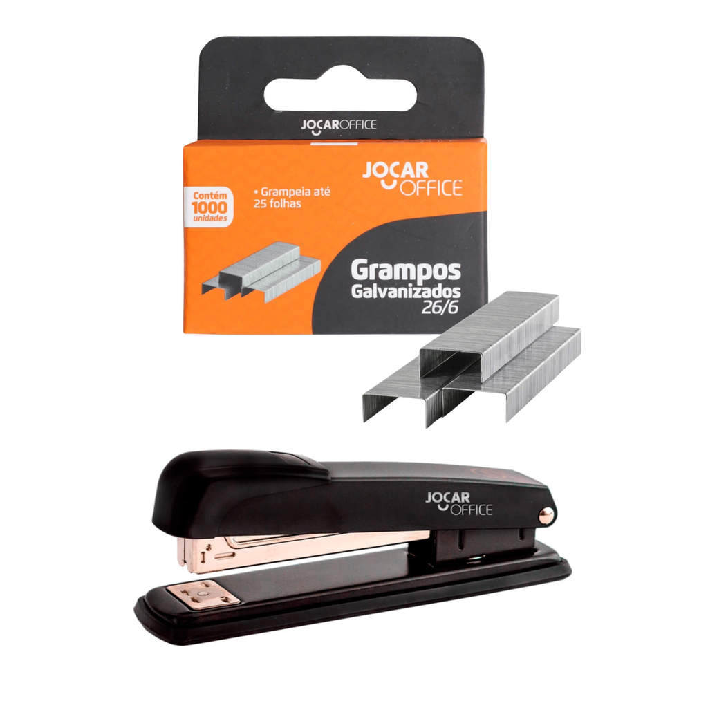 Kit Leonora Jocar Office: Grampeador Metal Pequeno 15.5cm + Grampos 26/6 1000 unds