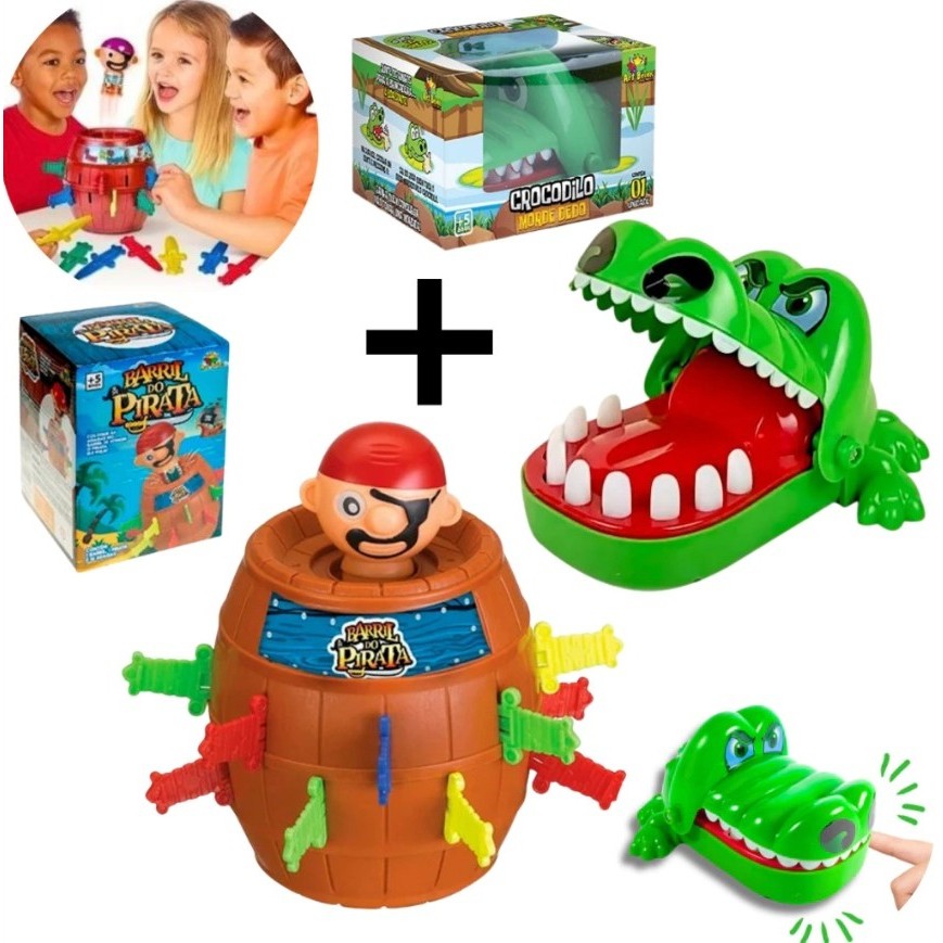 Kit Dois Brinquedos Jogo Jacaré Morde Dedo e Barril Pula Pirata Jogos de Tabuleiro Mesa Infantil Educativo