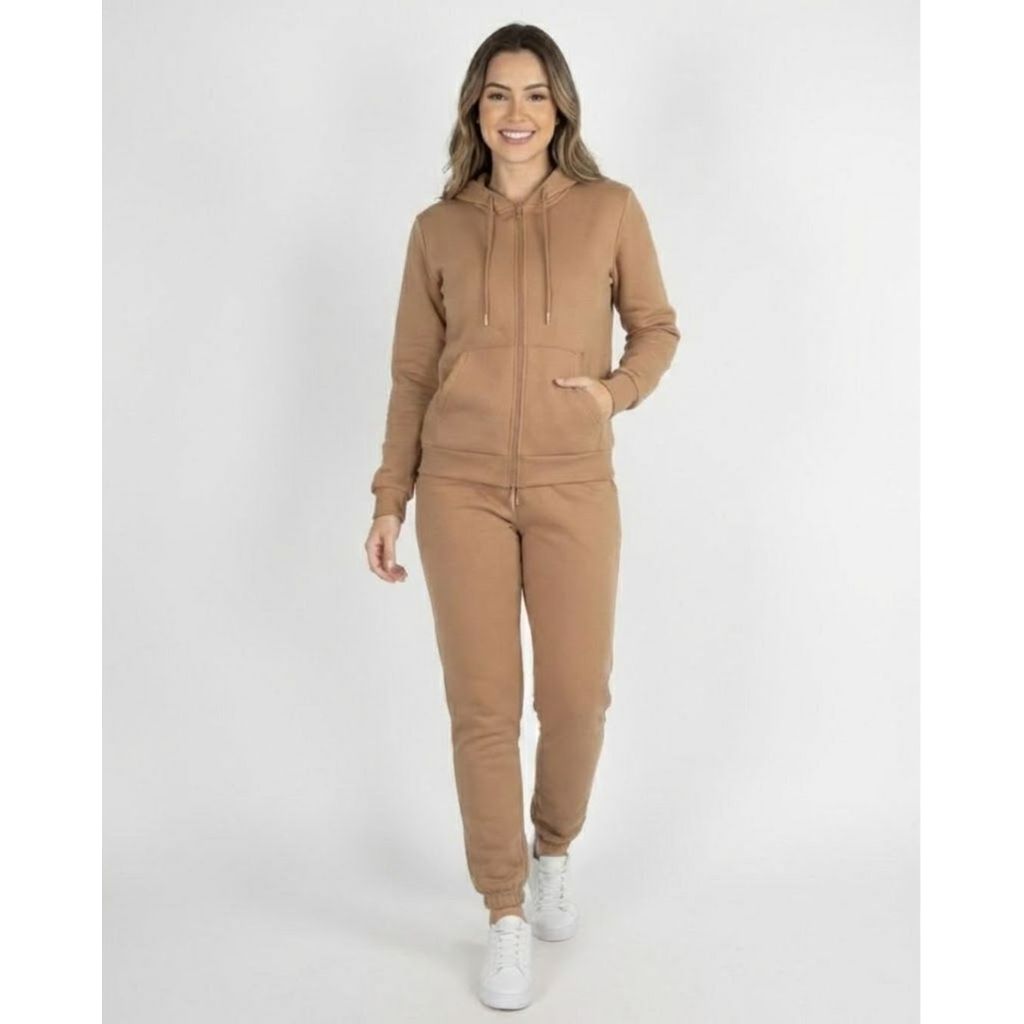 Conjunto Moletom Feminino Inverno Jaqueta com Capuz Peluciado Calça Jogger Confortável e Quentinho