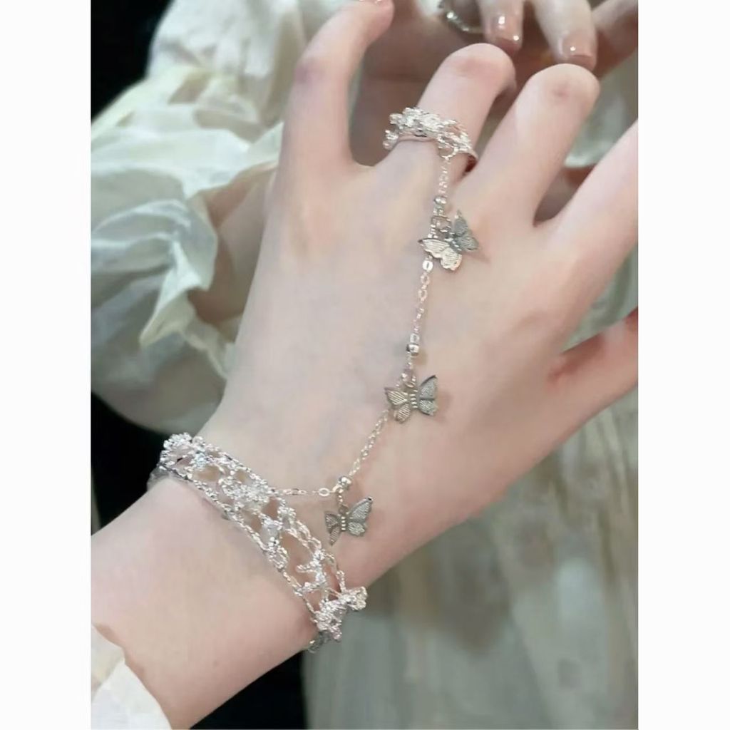 Novo conjunto de anel e pulseira de estilo chinês etéreo, pulseira de estilo antigo com borboleta e flor de ameixa para